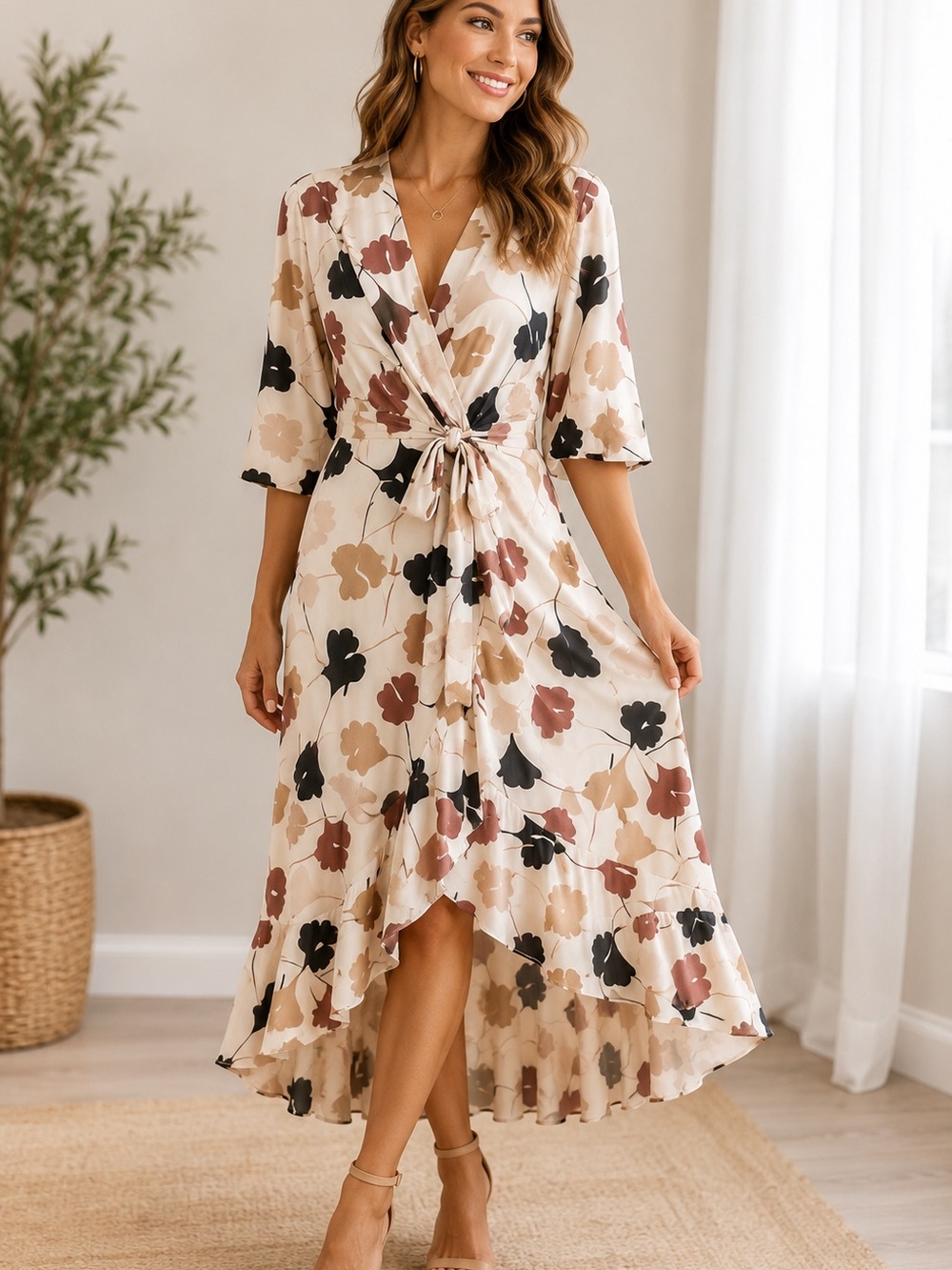 SCARSA Floral Wrap Style Midi Dress Ruffle High Low Tie Waist L